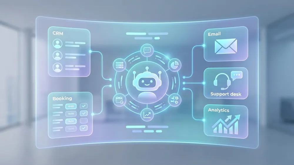AI website agent connected to CRM, booking system, email, support desk and analytics dashboard