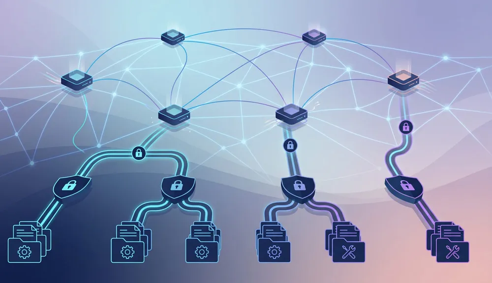 Independent AI agents exchanging tasks while MCP connectors provide access to business data and tools