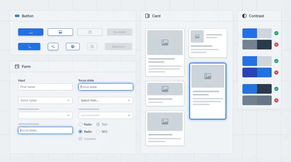 Design system components showing accessible buttons, forms, and navigation elements