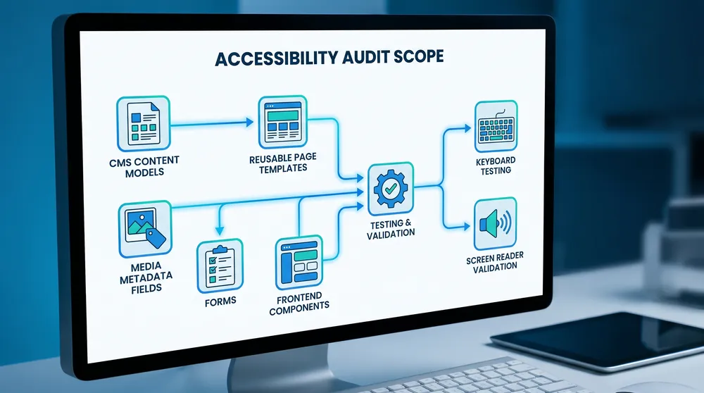 Accessibility audit scope showing CMS content models, page templates, media fields, forms, reusable components, and frontend testing