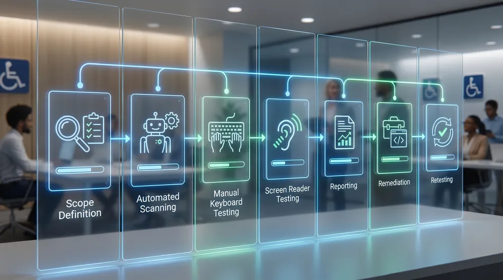 Accessibility audit process timeline showing scope, automated testing, manual testing, reporting, remediation, and retesting
