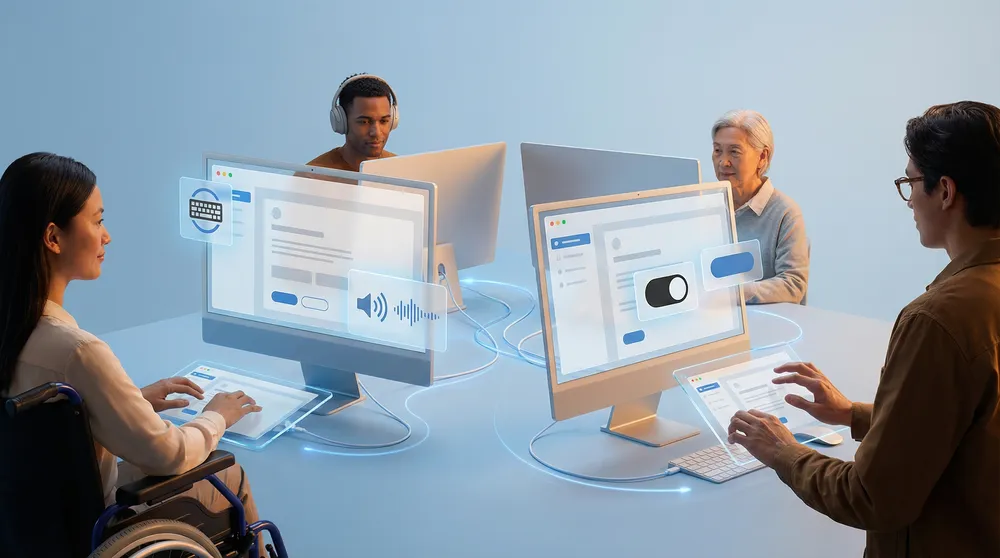 Web accessibility implementation showing diverse users with different assistive technologies