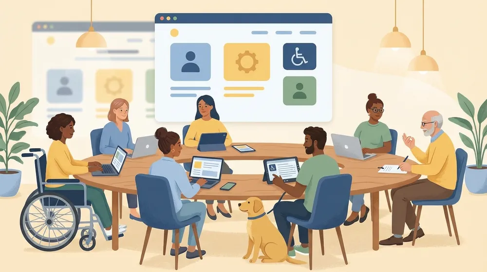 Diverse group of people using different assistive technologies to access digital content