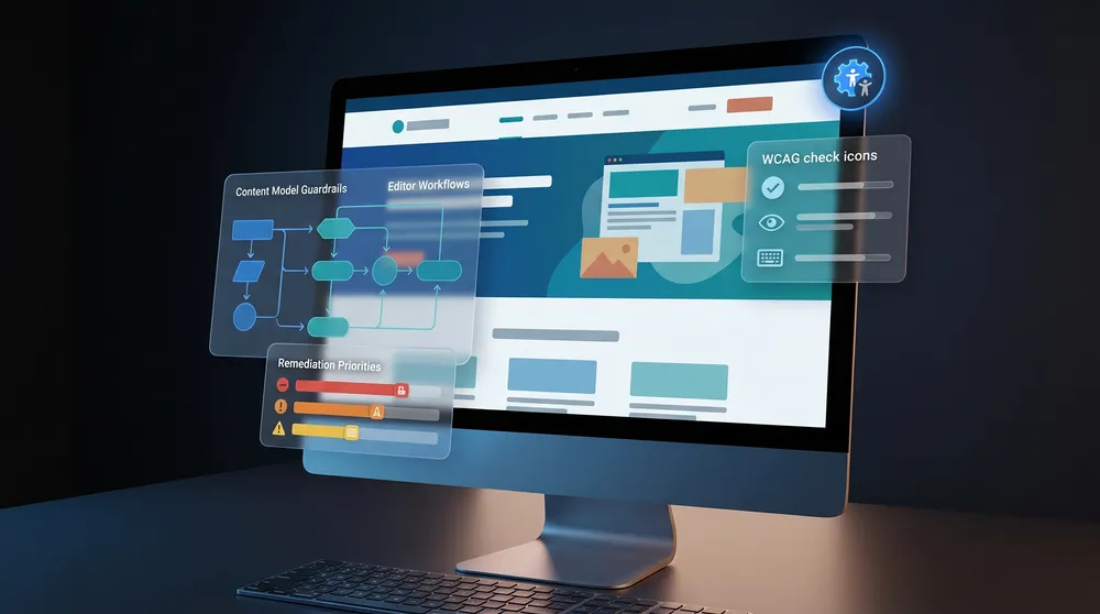 Accessibility widgets and CMS governance dashboard showing overlay controls, WCAG checks, editor workflows, and remediation priorities
