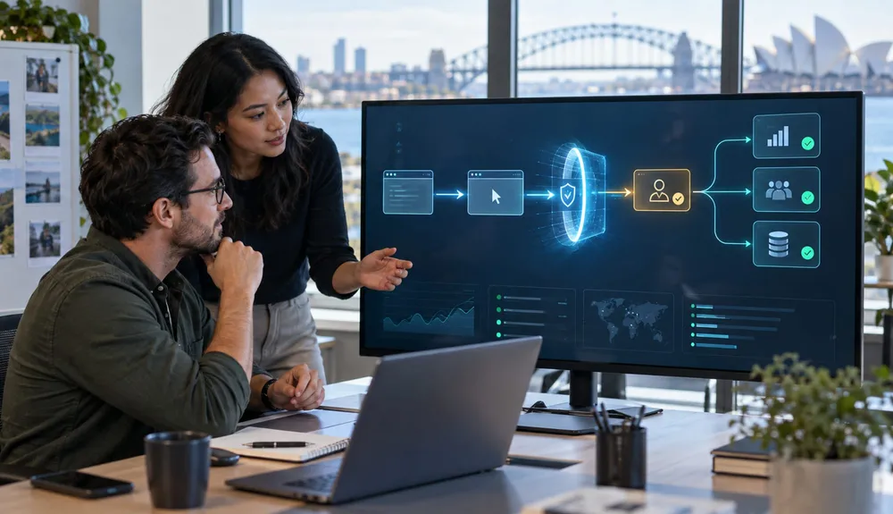 Business technology team monitoring a guarded AI browser workflow