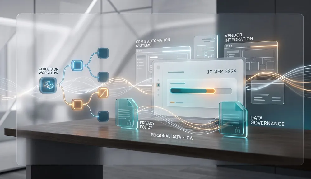 AI privacy dashboard showing automated decision workflows personal data systems vendors and disclosure review