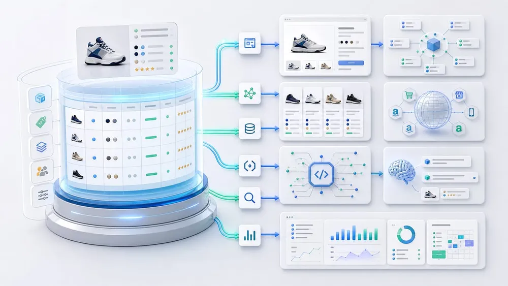 Structured ecommerce product data source publishing to product pages schema feeds APIs search indexes and AI assistants
