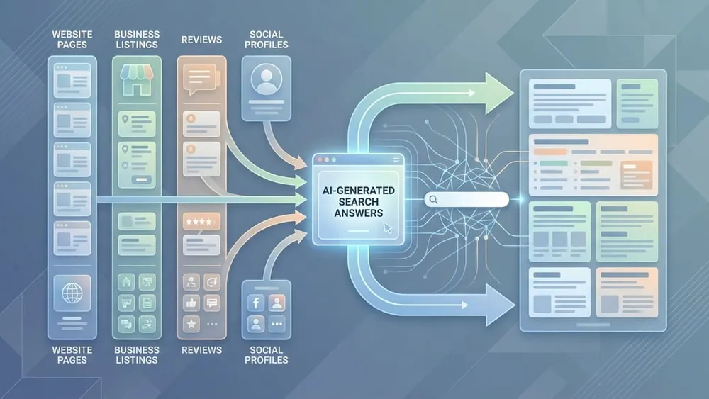 Diagram showing website pages, business listings, reviews, articles and social profiles feeding AI-generated answers