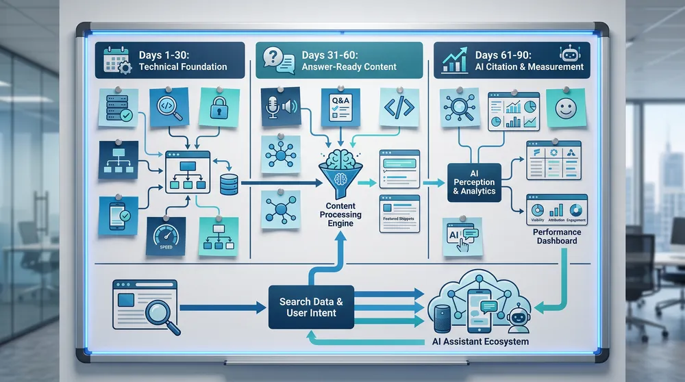 Ninety day AI search visibility workflow for Australian businesses moving from technical fixes to content improvements and measurement