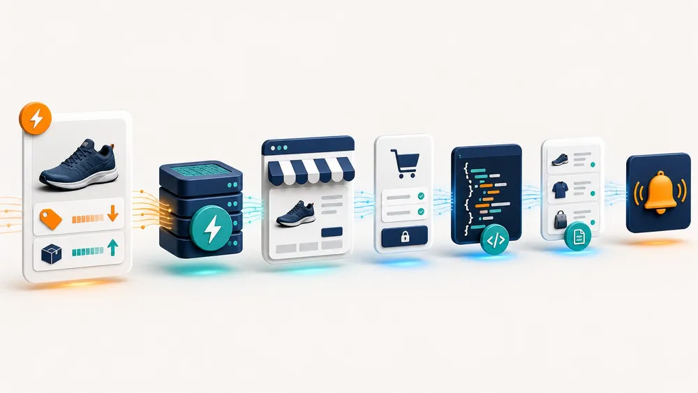 Ecommerce product update workflow synchronising price stock checkout structured data product feeds and search notifications