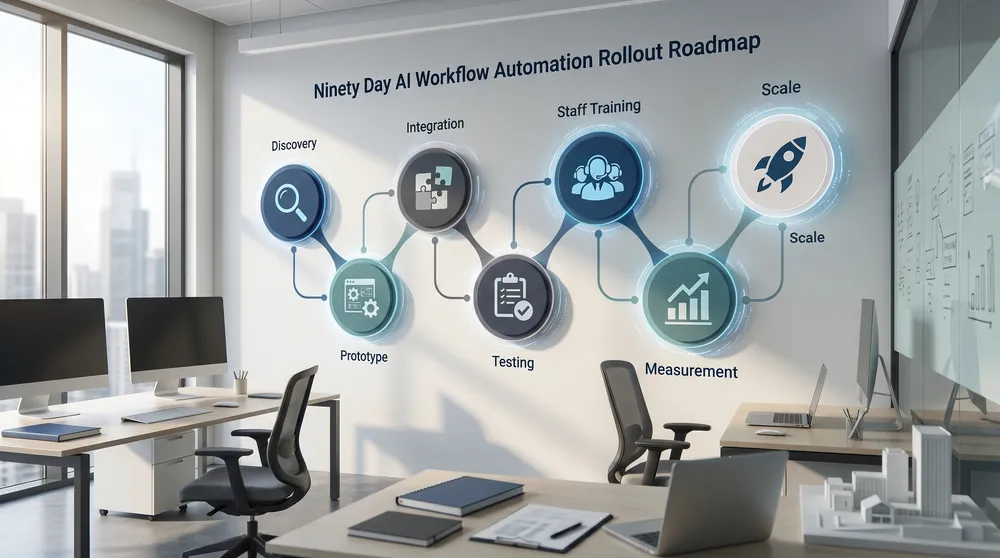 Ninety day AI workflow automation roadmap for Australian SMEs showing discovery, prototype, integration, testing, training, measurement, and rollout