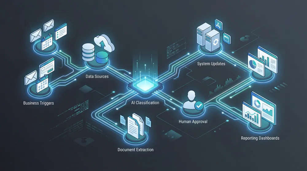 AI workflow automation map for Australian SMEs showing triggers, data sources, AI classification, human review, system updates, and reporting