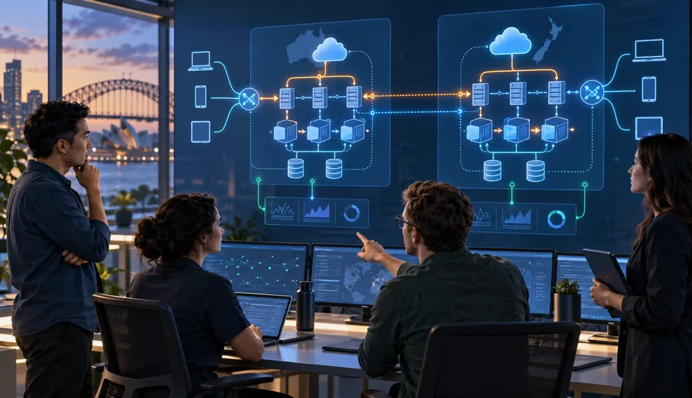 Business technology team reviewing website resilience across connected cloud services