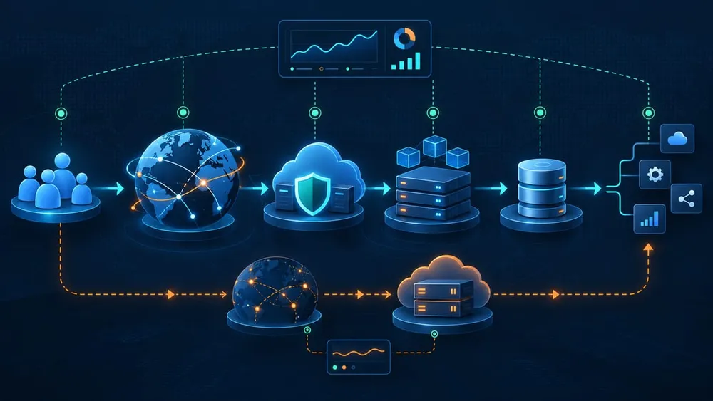 Layered resilience path connecting customers, cloud gateways, applications, data and monitoring