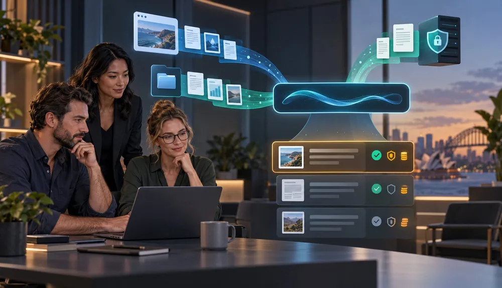 Business team evaluating an AI search system connected to website and knowledge content