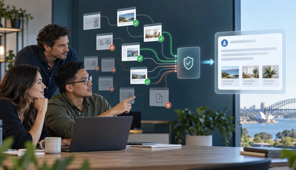 Business team auditing website paths for AI search discovery