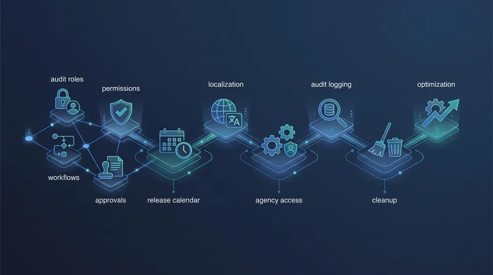 CMS governance rollout roadmap showing audit roles permissions workflows approvals release calendar localization agency access and cleanup phases