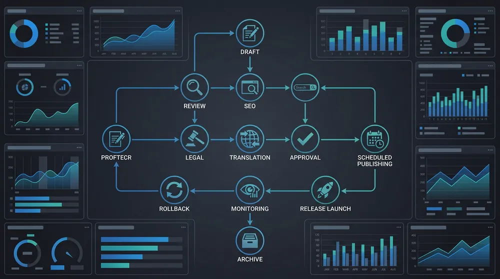 CMS governance workflow map showing draft review SEO legal translation approval scheduled publishing launch monitoring and archive stages for marketing teams