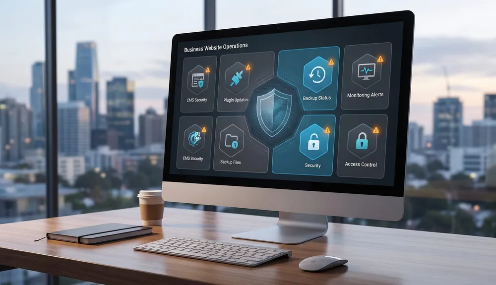 Business website CMS security dashboard showing plugin updates monitoring backups and threat alerts