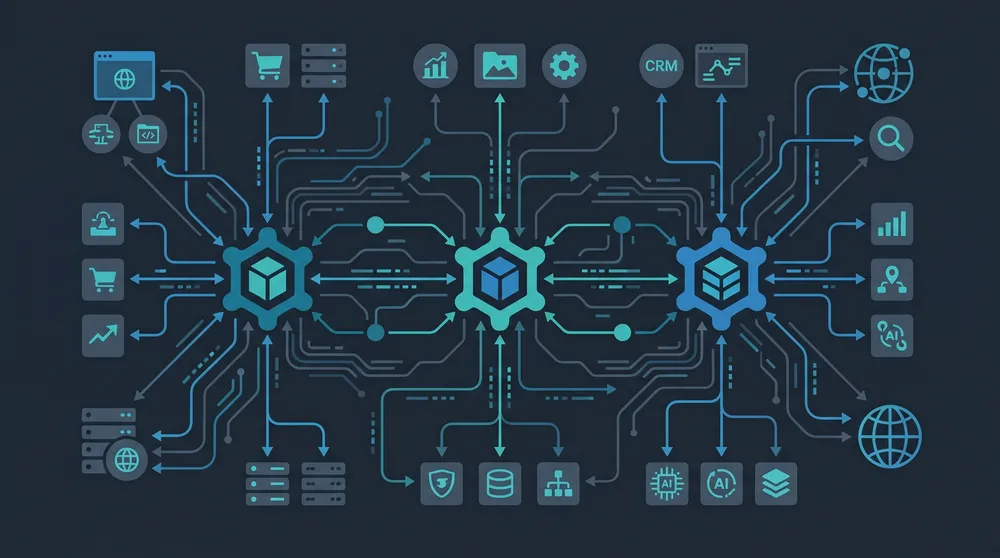 Headless CMS architecture map showing Contentful Contentstack and Hygraph connected to frontend hosting ecommerce DAM CRM search analytics and AI workflows
