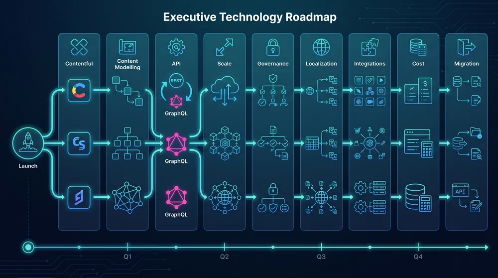 Three year headless CMS decision roadmap comparing Contentful Contentstack and Hygraph across launch scale governance integrations and cost