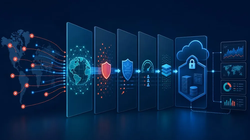 Layered DDoS website architecture with edge network WAF caching protected origin and monitoring