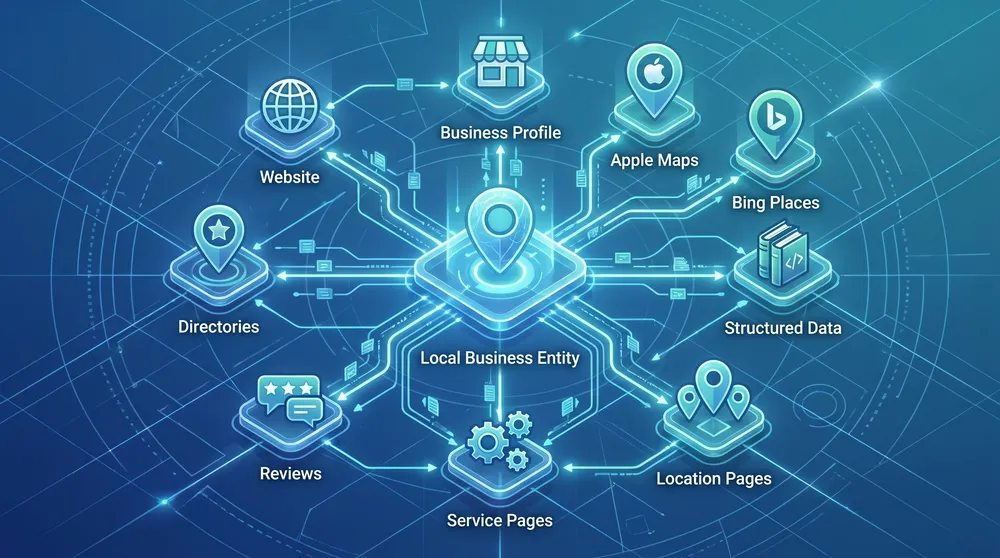 Local business entity map connecting website, Google Business Profile, Apple Maps, Bing Places, reviews, citations, and schema