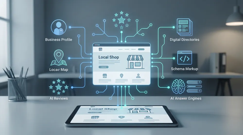 Local business entity SEO knowledge graph showing website, Google Business Profile, maps, reviews, citations, and AI search visibility