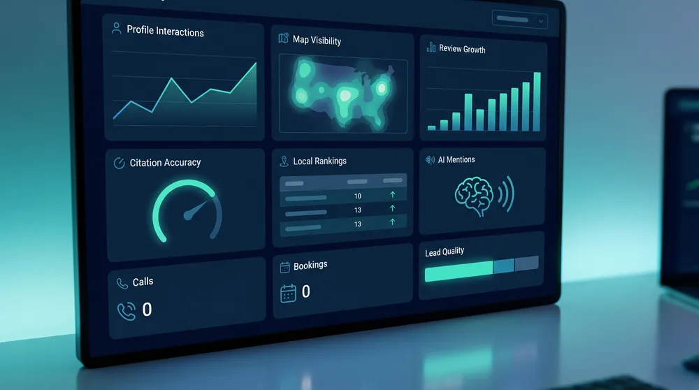 Entity SEO dashboard for local businesses showing profile interactions, local rankings, reviews, citations, AI mentions, and leads