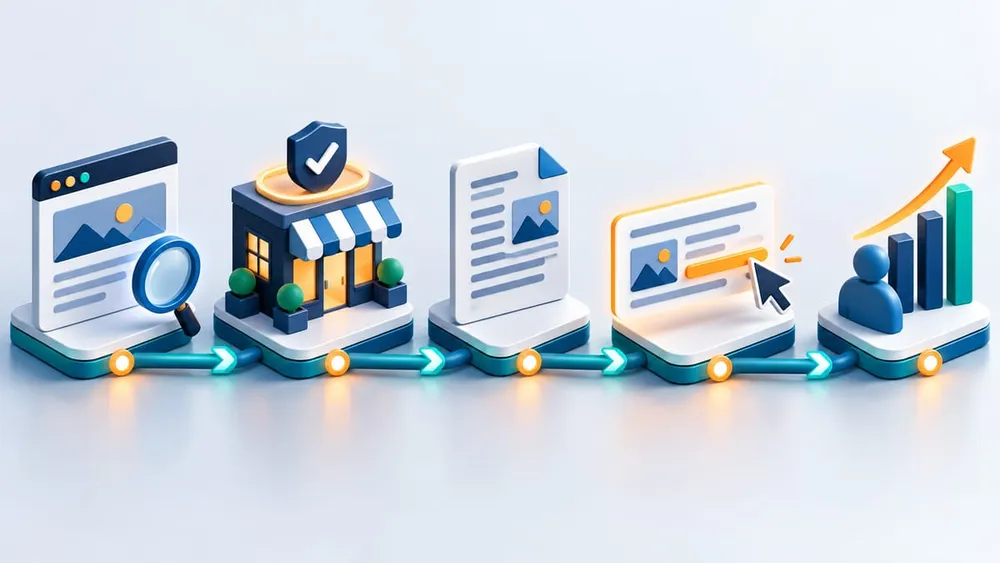 Five-stage pathway from search eligibility to measurable business clicks