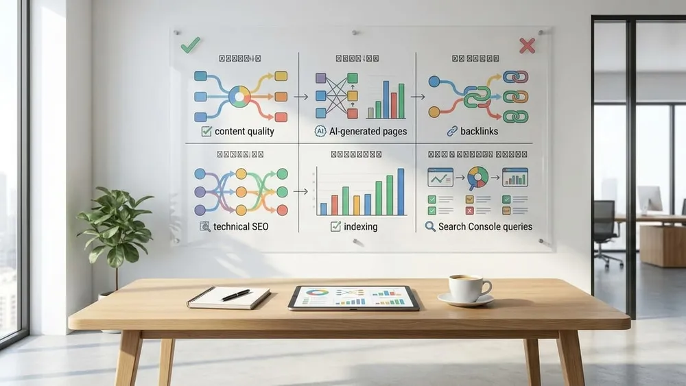 Website health check showing content quality, backlinks, AI-generated pages, technical SEO, Search Console queries, and ranking drop diagnosis