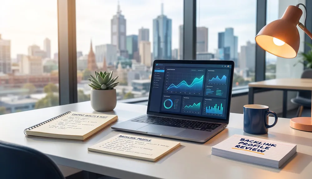 Small business SEO dashboard reviewing Google ranking changes, content quality, backlinks, and spam policy checks after the August 2026 update