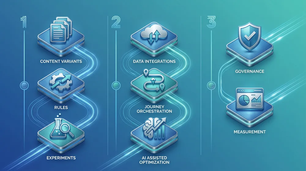 Three stage roadmap for headless CMS personalization moving from simple rules to experiments to journey orchestration and AI assisted optimization