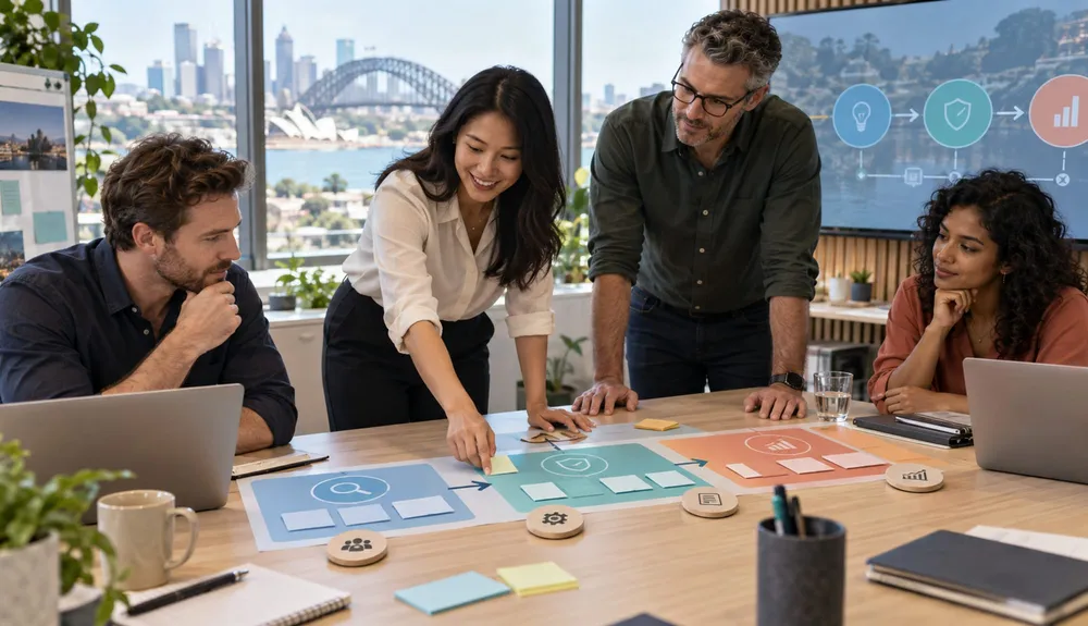 Australian business team following a staged path from AI use case to governed pilot and measured scale