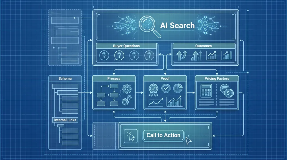 Service page blueprint for AI search showing service definition, proof, process, pricing factors, FAQs, schema, and conversion path