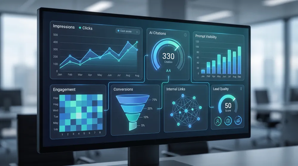 AI discovery measurement dashboard showing refreshed blog URLs, Search Console impressions, clicks, AI citations, prompt visibility, conversions, and engagement quality