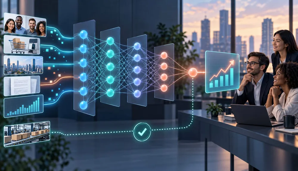 Data examples flowing through a layered neural network toward a tested business prediction