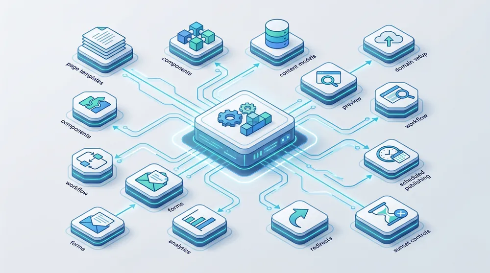 CMS microsite launch kit showing reusable templates components content models domains preview workflow analytics forms redirects and scheduled publishing
