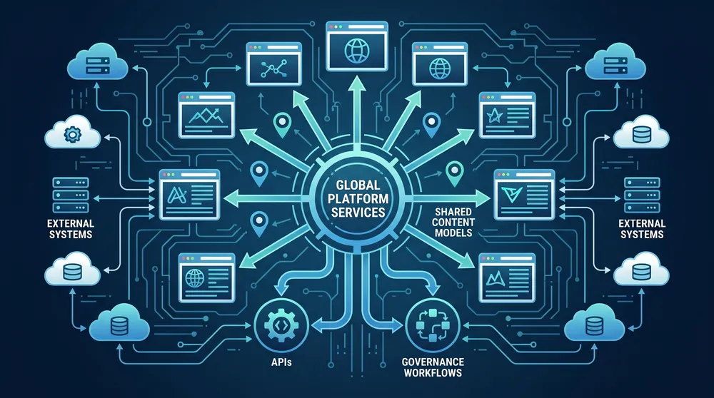 Multisite CMS architecture model showing global platform services shared content models brand websites locales APIs governance and external systems