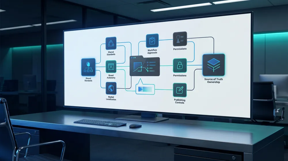 Governance map for multibrand CMS architecture showing shared standards brand autonomy locale ownership workflows permissions and publishing controls