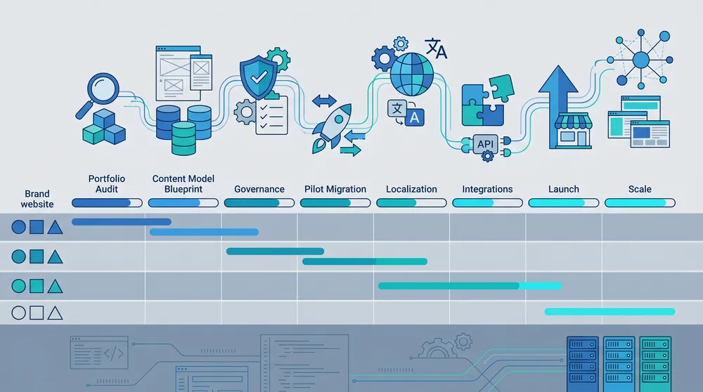 Multisite and multibrand CMS rollout roadmap showing discovery content model governance pilot migration localization integrations and scale phases