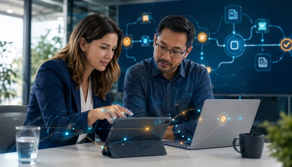 Business and technology team reviewing an event-driven content workflow