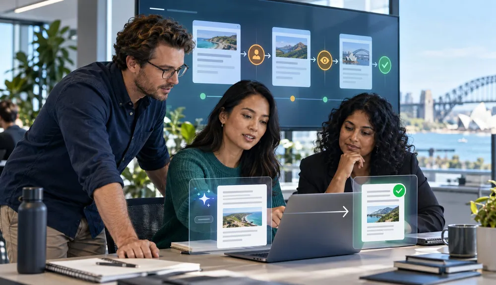 Content team reviewing an AI-assisted Sanity publishing workflow