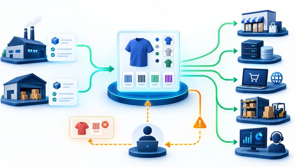 Shopify barcode data flow across suppliers, POS, marketplaces, ERP and warehouse systems