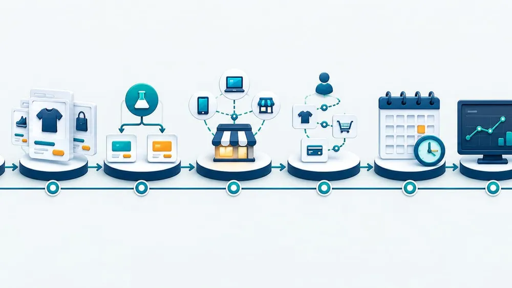 Eight-stage Shopify campaign rollout workflow from offer design to rollback verification