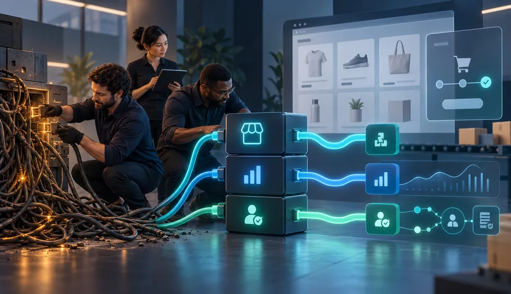 Ecommerce team replacing legacy storefront scripts with governed app extensions and analytics events