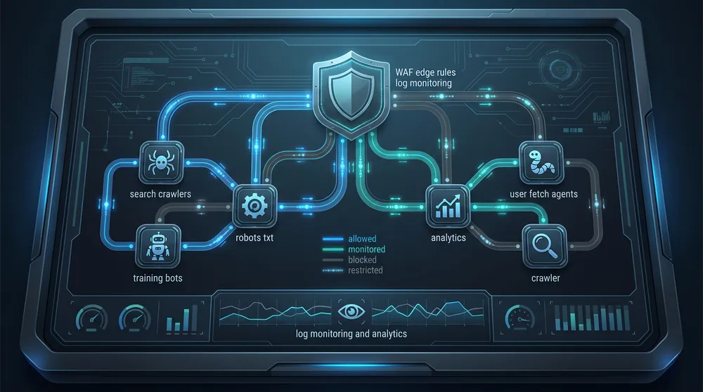 AI crawler control map showing robots.txt, search crawlers, training crawlers, user-triggered agents, WAF rules, logs, and analytics