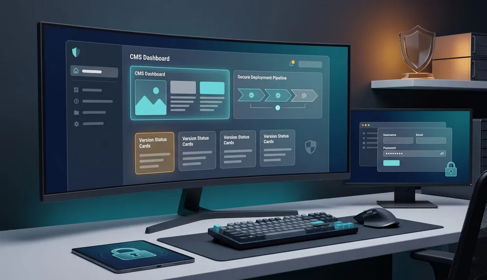Umbraco website security operations dashboard with patch status and protected content systems