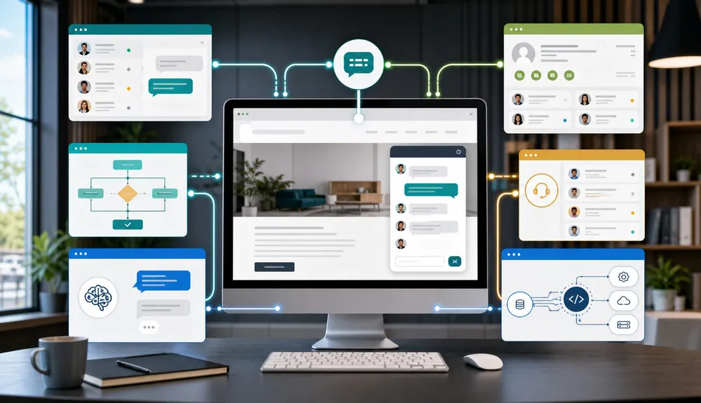 Website chatbot options decision map with live chat AI agent CRM support and custom integration paths