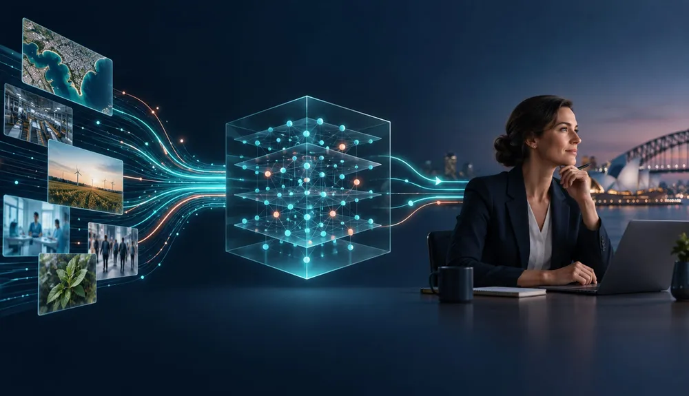 Layered abstract system showing data, machine learning models and business decisions working together